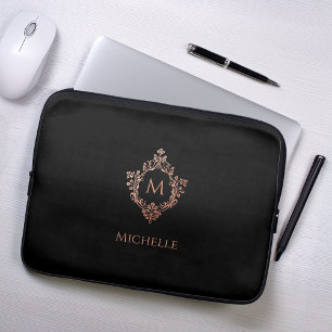 Housse Pour Ordinateur Portable Monogramme Black Rose Elegant Rose Gold Crest Nom