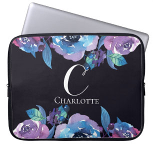 Housse Pour Ordinateur Portable Monogramme bleu foncé avec violet et fleurs bleues