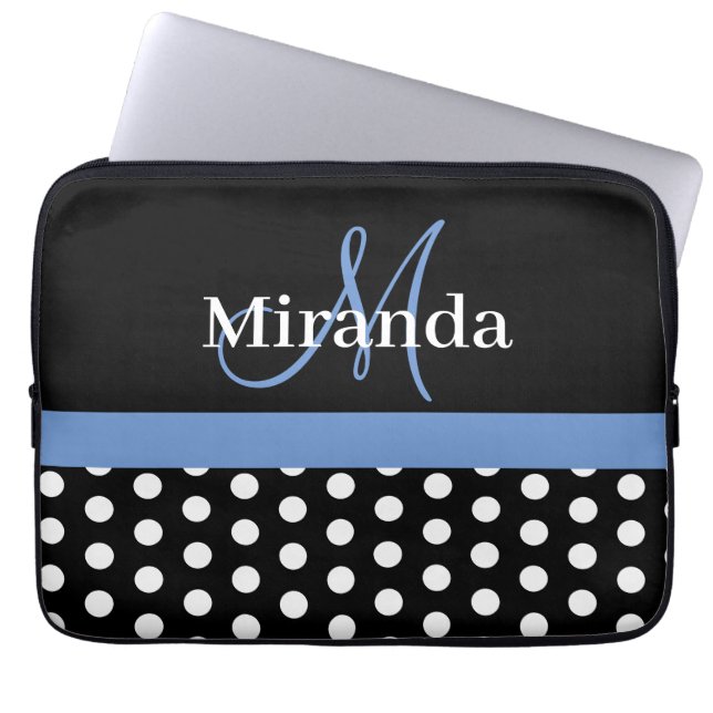 Housse Pour Ordinateur Portable Monogramme bleu noir blanc Polka point (Devant)