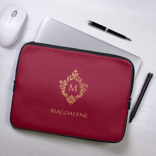 Housse Pour Ordinateur Portable Monogramme Bourgogne Élégant Vintage Faux Gold Cre