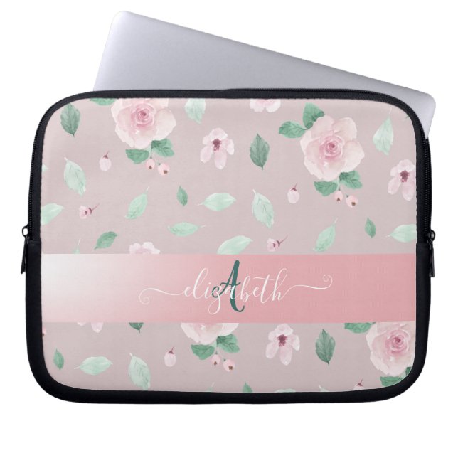 Housse Pour Ordinateur Portable Monogramme Chic Fleurs Aquarelles (Devant)