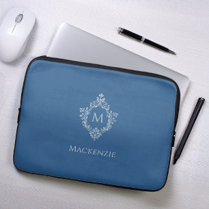 Housse Pour Ordinateur Portable Monogramme Classique Bleu Vintage Élégant Nom de l