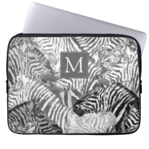 Housse Pour Ordinateur Portable Monogramme d'art de zèbre abstrait noir et blanc