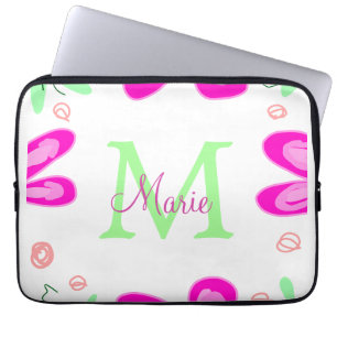 Housse Pour Ordinateur Portable monogramme de fleur rose ajouter nom lettre feuill