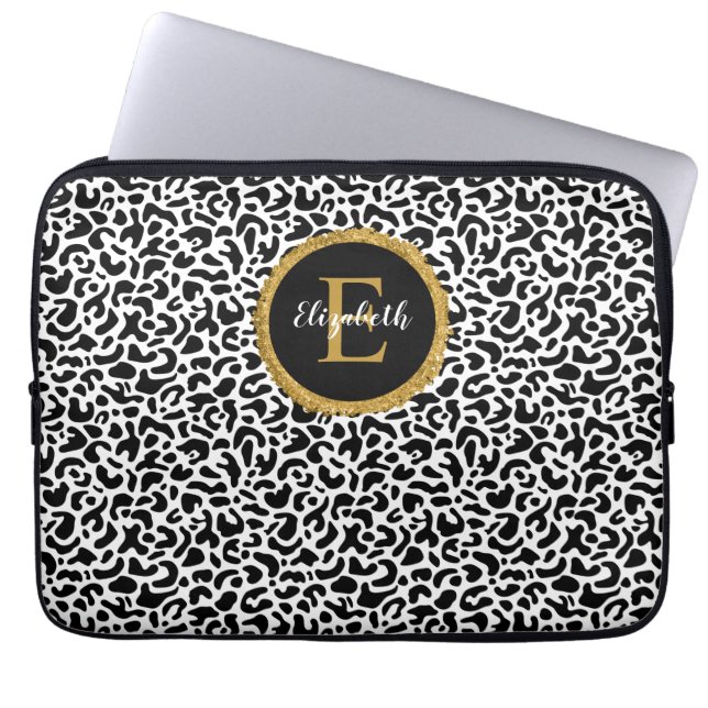 Housse Pour Ordinateur Portable Monogramme de léopard d'or noir (Devant)
