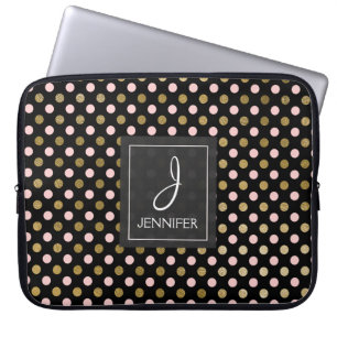 Housse Pour Ordinateur Portable Monogramme de Motif de points Polka Pink and Gold 