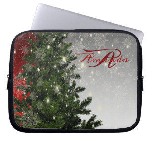 Housse Pour Ordinateur Portable Monogramme de Noël Arbre vert Rouge Argent Flocon