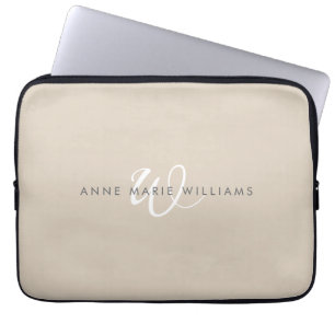 Housse Pour Ordinateur Portable Monogramme de script blanc marron moderne 