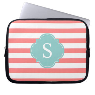 Housse Pour Ordinateur Portable Monogramme des rayures de corail et de menthe