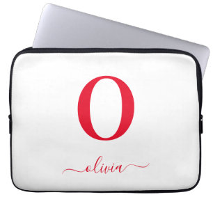 Housse Pour Ordinateur Portable Monogramme écriture nom personnalisé blanc et roug