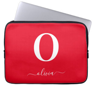Housse Pour Ordinateur Portable Monogramme écriture nom personnalisé rouge et blan
