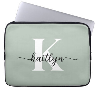 Housse Pour Ordinateur Portable Monogramme écriture vert sauge