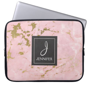 Housse Pour Ordinateur Portable Monogramme élégant en marbre doré rose