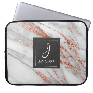 Housse Pour Ordinateur Portable Monogramme élégant en marbre rose rose or