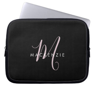 Housse Pour Ordinateur Portable Monogramme élégant moderne noir rose blush écritur