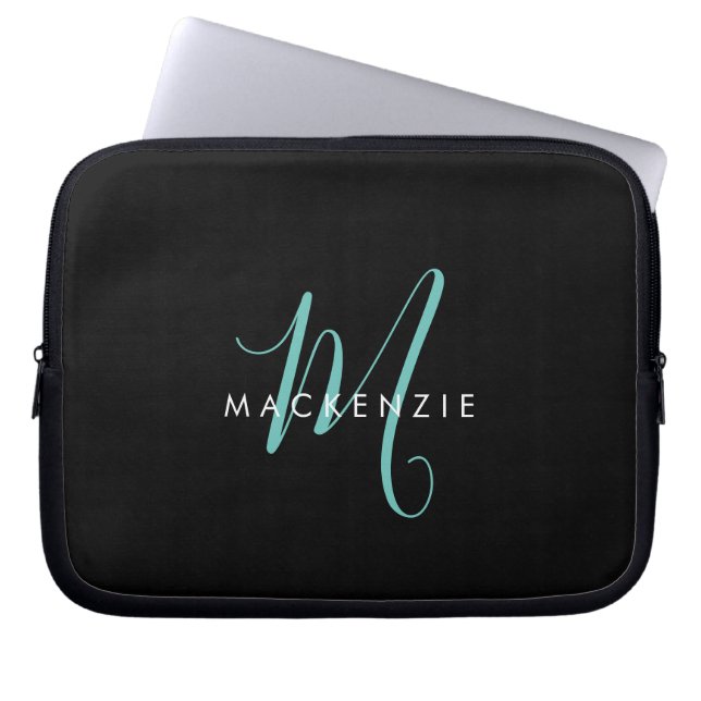Housse Pour Ordinateur Portable Monogramme élégant moderne noir sarcelle écriture (Devant)