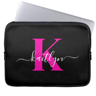 Housse Pour Ordinateur Portable Monogramme élégant noir rose vif écriture