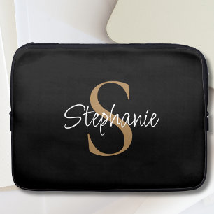Housse Pour Ordinateur Portable Monogramme Élégant Nom Script Noir Or