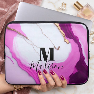 Housse Pour Ordinateur Portable Monogramme en marbre blanc avec gouttes de rose do