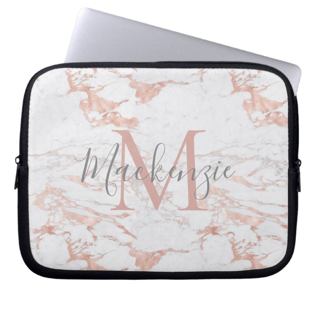 Housse Pour Ordinateur Portable Monogramme en marbre rose rose chic (Devant)