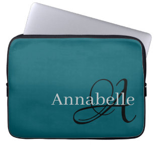 Housse Pour Ordinateur Portable Monogramme et nom bleu simple et élégant
