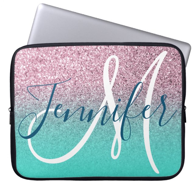 Housse Pour Ordinateur Portable Monogramme fille Ombre rose turquoise (Devant)