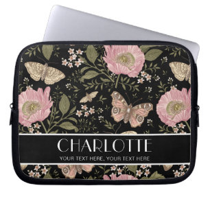 Housse Pour Ordinateur Portable Monogramme Fleur sauvage moderne Botanique Noir Fl