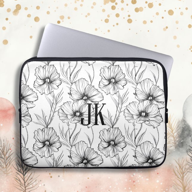 Housse Pour Ordinateur Portable Monogramme floral noir et blanc moderne (Créateur téléchargé)