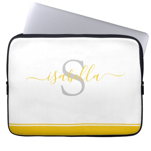 Housse Pour Ordinateur Portable Monogramme Initial Élégant Script Jaune (Devant)