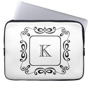 Housse Pour Ordinateur Portable Monogramme Initial Flourissant Tourbillon Noir Bla
