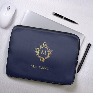 Housse Pour Ordinateur Portable Monogramme Marine Blue Faux Gold Vintage Crest