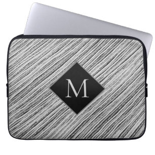 Housse Pour Ordinateur Portable Monogramme moderne Argent noir blanc rayures