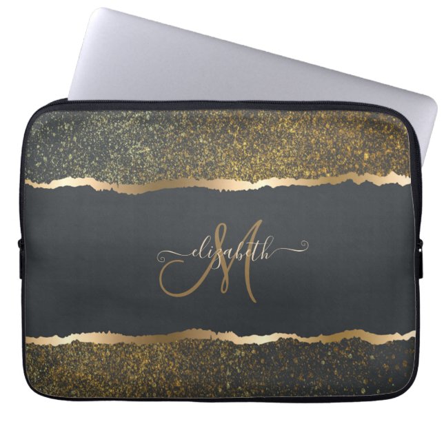 Housse Pour Ordinateur Portable Monogramme moderne Elegant Gold Touch (Devant)