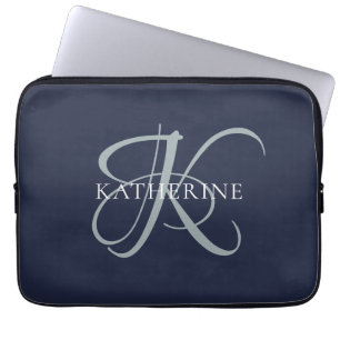 Housse Pour Ordinateur Portable Monogramme moderne élégant Script Marine Bleu