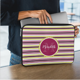 Housse Pour Ordinateur Portable Monogramme moderne Girls rose violet rayures jaune