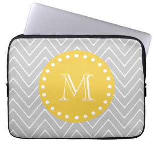 Housse Pour Ordinateur Portable Monogramme moderne gris et jaune de coutume de