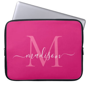 Housse Pour Ordinateur Portable Monogramme moderne Magenta Rose Girl Nom de script