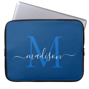 Housse Pour Ordinateur Portable Monogramme moderne Marine Bleu Élégant Chic Nom de