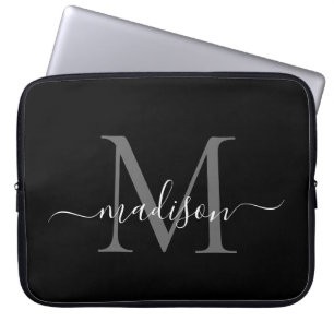 Housse Pour Ordinateur Portable Monogramme moderne noir gris argent Script de fill