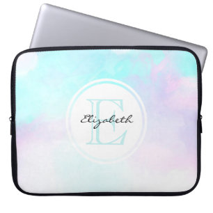 Housse Pour Ordinateur Portable Monogramme moderne Pastel Blue & Purple Aquarelle