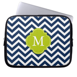 Housse Pour Ordinateur Portable Monogramme Motif de Zigzags bleu et vert