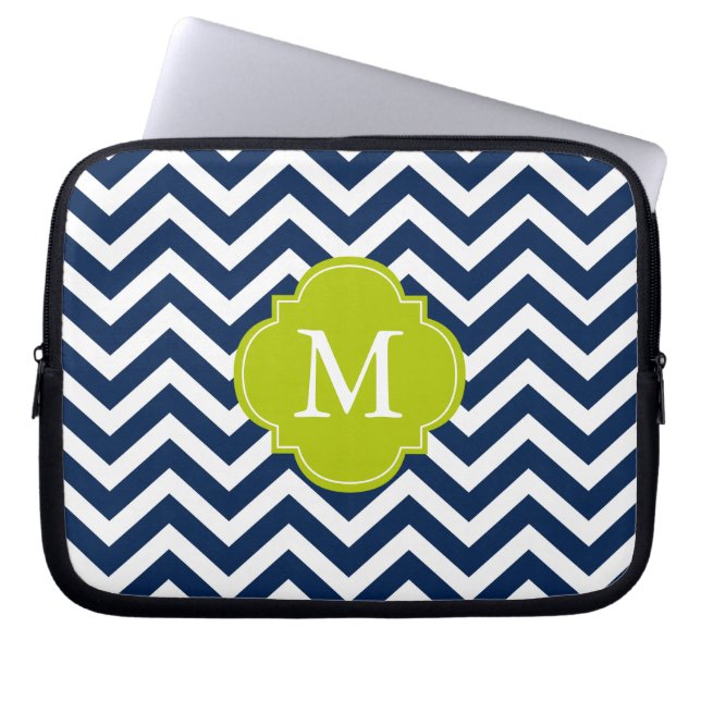 Housse Pour Ordinateur Portable Monogramme Motif de Zigzags bleu et vert (Devant)