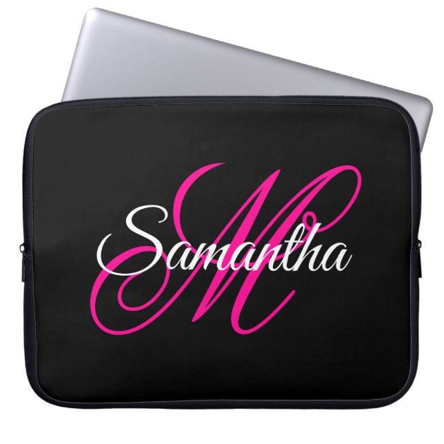 Housse Pour Ordinateur Portable Monogramme noir blanc et rose chaud (Devant)