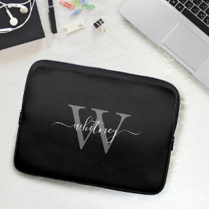 Housse Pour Ordinateur Portable Monogramme noir et blanc simple Nom et initiale