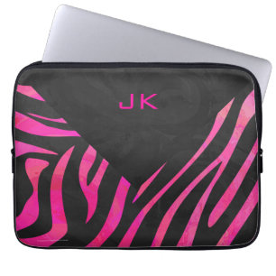 Housse Pour Ordinateur Portable Monogramme noir et rose chaud Zebra Design