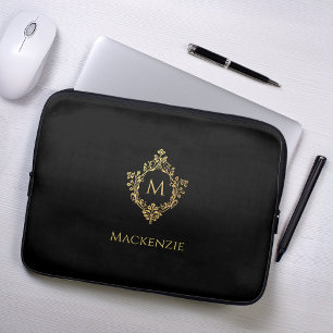 Housse Pour Ordinateur Portable Monogramme Noir Faux Or Elégante Crête Vintage