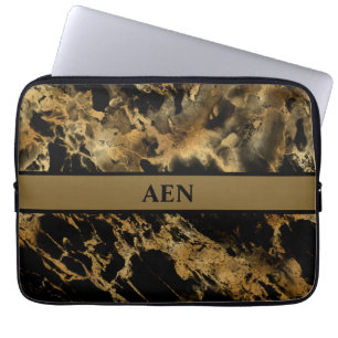 Housse Pour Ordinateur Portable Monogramme Noir Marbre Or Agate Moderne tendance