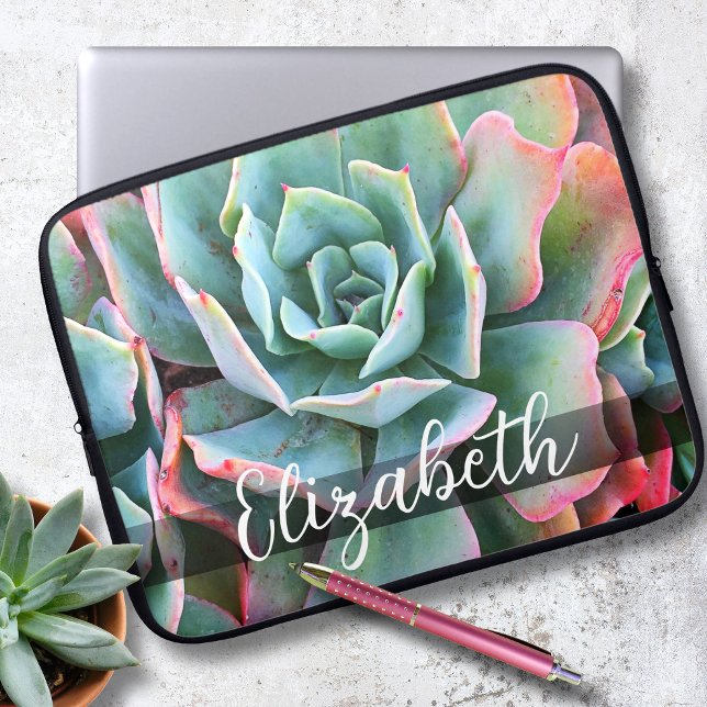 Housse Pour Ordinateur Portable Monogramme Nom Mint Green Pink Cactus Photo Modern (Créateur téléchargé)