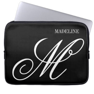 Housse Pour Ordinateur Portable Monogramme personnalisé élégant noir et blanc