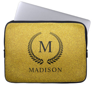 Housse Pour Ordinateur Portable Monogramme personnalisé noir et or pailleté or dor